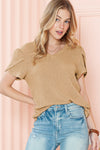 Mist Green Petal Sleeve Waffle Knit V Neck T-Shirt