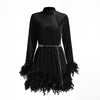 Fashion Retro Style Niche Spring Stand Collar Long Sleeve Chain Feather Dress