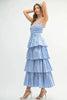 Pin Stripe Smocked Bodice Layered Midi Dress – Smocked Bodice Dress, Fluttering Pinstripe Midi Dress, Layered Midi Dress, Trendy Midi Dress, Flattering Pinstripe Dress by Stevvex