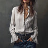 Women's Ruffled Sleeve Resort Shirt – Stretch Casual Long Blouse by FitiqueFit