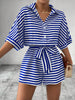Tie Waist Half Button Striped Romper