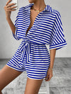 Tie Waist Half Button Striped Romper