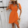 Pleated Cross V-Neck Midi Dress – Tight Waist Short Sleeve Elegant Dress by FitiqueFit