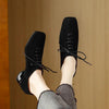 Women's Retro Sheepskin Square Toe Chunky Heel Pumps – Lace-Up Mid Heel by FitiqueFit