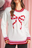 White Striped Trim Bow Graphic Round Neck Drop Shoulder Sweater by Wild and Free Boutique