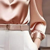 Women’s Satin V-Neck Long Sleeve Top – Slim Fit Solid Color Blouse by FitiqueFit