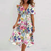 Floral Print A-Line Dress – V-Neck Short Sleeve Midi Dress by FitiqueFit