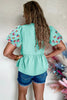 Sachet Pink Frilled V Neck Flower Embroidered Puff Sleeve Textured Blouse by Wild and Free Boutique