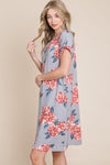 BOMBOM Floral Round Neck Short Tee Dress with Pockets