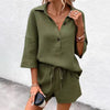 Women's Notch-Lapel Short-Sleeve Top & Belted Shorts Two-Piece Set by FitiqueFit
