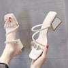 Women's Korean Style Rhinestone Single Strap Slide Sandals – Mid Chunky Heel by FitiqueFit