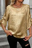 Metallic Luster Round Neck Frill 3/4 Sleeve Blouse