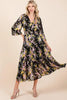 Flower Print Satin Lurex Stripe Smocked Midi Dress For Summer – Elegant and Sparkling Floral Dress with Tiered Design by Stevvex