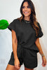 Black 2pcs Solid Textured Drawstring Shorts Set