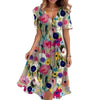Floral Print A-Line Dress – V-Neck Short Sleeve Midi Dress by FitiqueFit