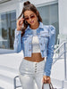 Button Down Raw Hem Cropped Denim Jacket
