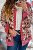 Retro Unique Geometric Print Corduroy Trim Button-Up Jacket Classic Modern Deep Rose Jacket by Stevvex