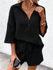 Women's Notch-Lapel Short-Sleeve Top & Belted Shorts Two-Piece Set by FitiqueFit