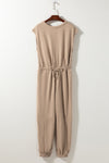 Light French Beige Cap Sleeve Open Back Drawstring Jogger Jumpsuit