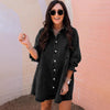 Women's Three-Quarter Sleeve Denim Dress – Ruffle Detail Mid-Length by FitiqueFit