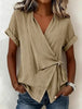 Women's Casual Lapel Collar Lace-Up Short-Sleeve Linen Top by FitiqueFit