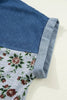 Gray Retro Floral Print Denim Patchwork Buttoned Polo Collar Top by Wild and Free Boutique
