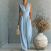 Women's Elegant V-Neck Sleeveless Jumpsuit – Waist-Cinching Straight Leg by FitiqueFit
