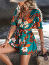 Printed Surplice Half Sleeve Tie Waist Romper