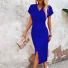 Split V-Neck Bodycon Dress – Slim Fit Short Sleeve Slit Dress by FitiqueFit