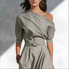 Women’s One-Shoulder Long Dress – Slanted Shoulder Waist-Defined Style by FitiqueFit