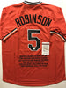 Autographed/Signed Brooks Robinson HOF 83  Baltimore Orange Stat Baseball Jersey JSA COA