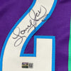 Framed Autographed/Signed Larry Johnson 35x39 Charlotte Purple Basketball Jersey Steiner COA