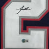 Framed Autographed/Signed Jaylinn Hawkins 35x39 New England Blue Football Jersey Beckett BAS COA by Hall of Fame Sports Memorabilia