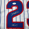 Framed Autographed/Signed Ryne Sandberg 35x39 HOF 05 Chicago White Pinstripe Baseball Jersey JSA COA