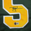 Framed Autographed/Signed Mark McGwire 35x39 Oakland Green Baseball Jersey Beckett BAS COA by Hall of Fame Sports Memorabilia