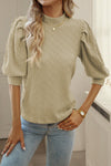 Simply Taupe Vintage Textured Puff Sleeve Mock Neck Top