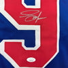 Framed Autographed/Signed Adam Graves 35x39 New York Blue Hockey Jersey Beckett BAS COA