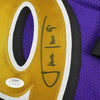 Framed Autographed/Signed Justin Tucker 35x39 Baltimore Purple Color Rush Football Jersey JSA COA