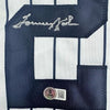 Framed Autographed/Signed Tommy John 35x39 New York Pinstripe Baseball Jersey Beckett BAS COA