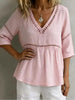 Women's V-Neck Hollow-Out Fringe Cotton-Linen Top by FitiqueFit