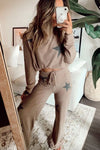 Khaki Retro Star Print Pajama Set Long Sleeve Drawstring