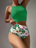 Island Bloom High Waist Bikini Set for Summer – Colorblock Tropical Print Two-Piece Swimsuit with Round Neckline Ultra-Stretch Fit & Applique Detail – Stylish and Comfortable Women’s Swimwear for Pool Beach & Summer Escapes by Stevvex