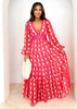 Deep V Printed Casual Long Sleeve Mid-length Dress Women