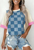 Dusk Blue Checkered Denim Patchwork Short Sleeve Loose Top by Wild and Free Boutique