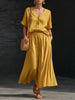 Women's Cotton-Linen V-Neck Button-Up Top & Long Skirt Set by FitiqueFit
