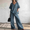 Women's Loose Cotton-Linen V-Neck Top & Wide-Leg Pants Set by FitiqueFit