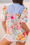 Floral Striped Yoke Frilled Tie Neck Puff Short Sleeve Blouse