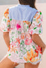 Floral Striped Yoke Frilled Tie Neck Puff Short Sleeve Blouse
