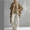Women's Striped Batwing-Sleeve Loose Linen Two-Piece Set by FitiqueFit