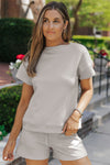 Black 2pcs Solid Textured Drawstring Shorts Set